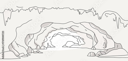 Hand drawn sketch of a cave entrance with stalactites and stalagmites