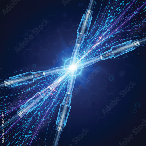 This image illustrates a dynamic and energetic central connection point within a network. Four translucent, cylindrical cables converge at a bright, glowing blue core, resembling a junction or a hub.