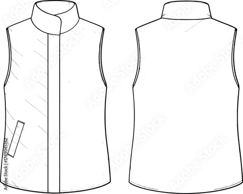 Sleeveless vest technical sketch, front and back view, fashion flat vector, concealed zipper placket, welt pocket design, garment illustration for stock content