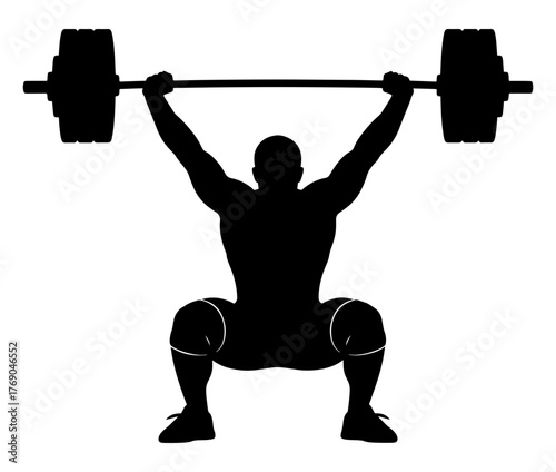 Silhouette of a weightlifter lifting a barbell overhead in a squat position