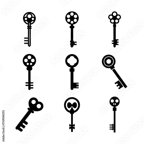 Vintage Key Icons Set – Black and White Antique Skeleton Key Vector Illustration