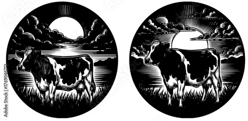 Two cows in a circle with a sunset vector illustration