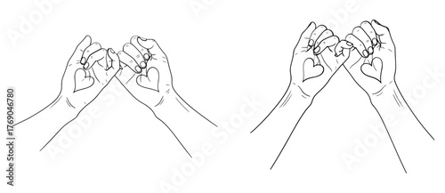 Two hands making a pinky promise with hearts on the fingers, symbolizing love, friendship, and commitment
