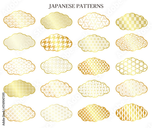 雲形の縁に色々な和柄パターンセット_ゴールド