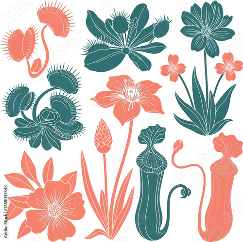 Uncommon flora vector set featuring carnivorous plants and rare flowers in minimalist two-tone style on white background for modern design