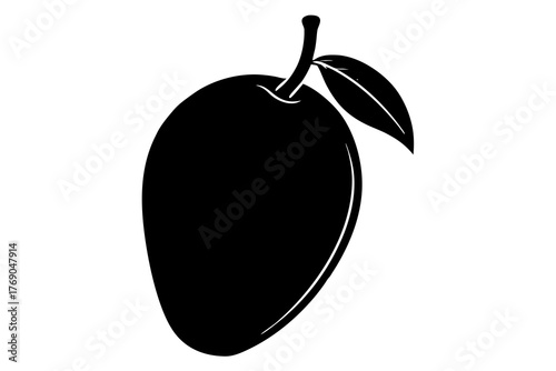 A simple black silhouette of a ripe mango fruit with a stem and two leaves on a clean white background representing natural freshness and tropical flavor