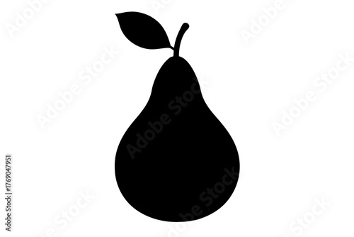 A simple black silhouette of a ripe pear with a single leaf and stem on a clean white background representing healthy food and nature
