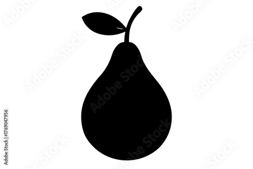 A simple black silhouette of a ripe pear with a single leaf and stem against a clean white background representing healthy food and nature