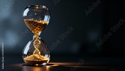 Illuminated hourglass with sparkling golden glitter sand and a prominent glowing DNA helix, symbolizing genetic research, biological aging, the passage of time, and the essence of life on a dark, dram