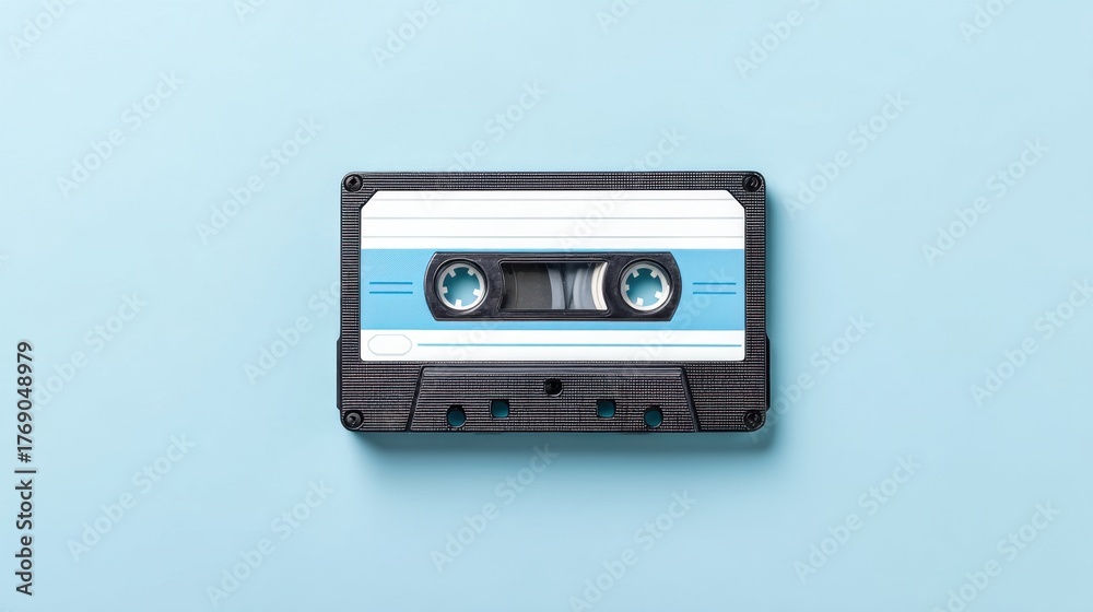 Fototapeta premium Retro cassette tape on a light blue backdrop showcasing analog music nostalgia and vintage style in a contemporary setting