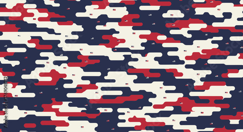 Red, White, and Blue Abstract Camouflage Pattern with Rounded Shapes and Small Dots