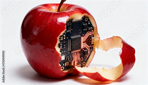 Conceptual image of a bitten red apple revealing a glowing electronic circuit board with illuminated red pathways inside, symbolizing organic technology integration, digital health, innovation, and fu