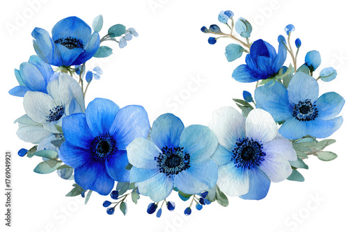 Blue anemone wreath. Watercolor flowers, soft light