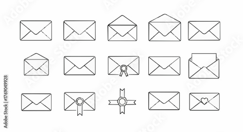Versatile set of minimalist line art envelope icons for digital communication. Featuring various open, closed, and sealed mail designs, perfect for user interface and graphic design projects