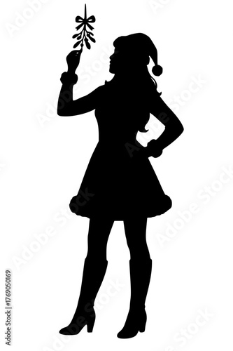 Woman in Santa Claus costume holding a snowflake decoration, Cheerful Santa-dressed woman admiring a festive ornament