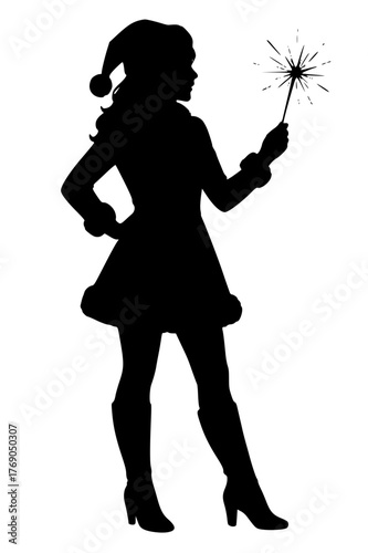 Woman in Santa Claus costume holding a sparkler, Festive Christmas celebration with a Santa-themed figure