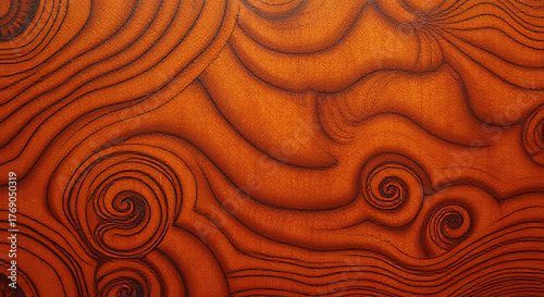 Abstract Swirling Wood Grain Pattern Background in Warm Burnt Orange with Flowing Lines and Textured Spiral Motifs – Artistic Natural Texture for Interior Design, Print, and Digital Art Uses