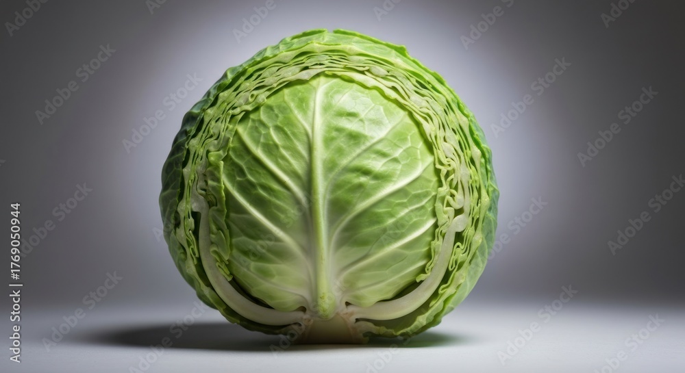 Fototapeta premium Cabbage head, lit centrally, against a graduated grey background