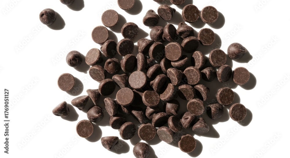 Obraz premium Chocolate chips scattered on a white background, casting shadows