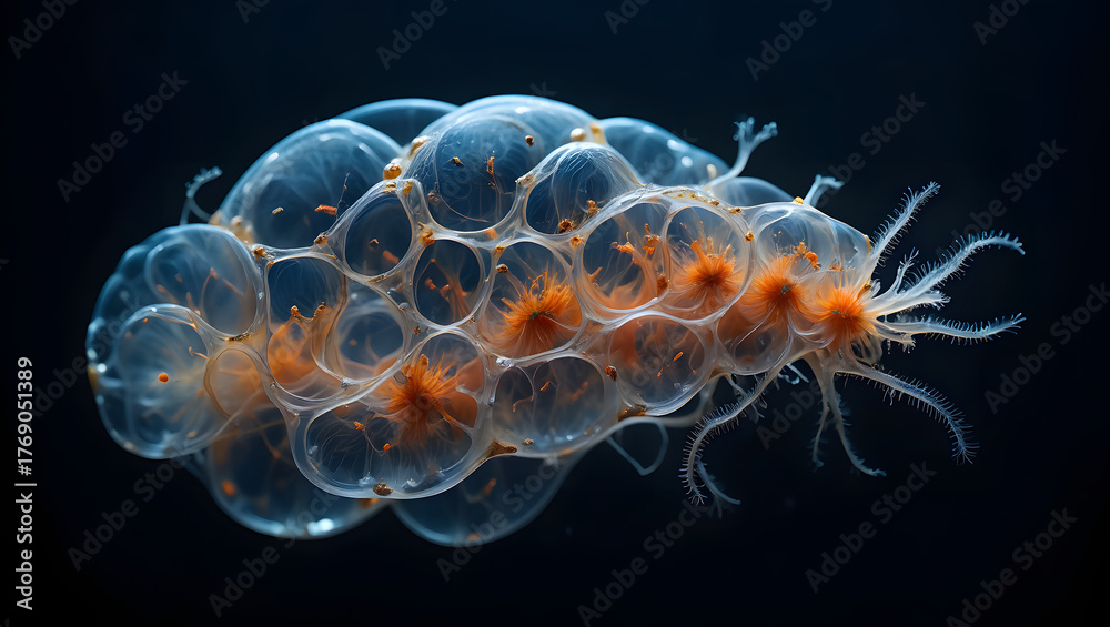 Obraz premium Transparent sea creature with orange centers and dark background is a unique sight to see