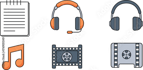 Creative multimedia icon set with headphones, headset, music note, film reel, notebook, audio, and video illustration design