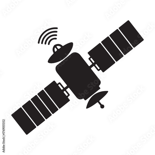 Black silhouette of a satellite orbiting Earth used for communication and observation technology isolated on white background