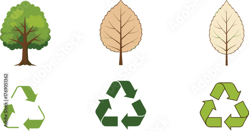 Eco friendly concept with tree, leaf, and recycle symbols promoting sustainability, green environment, and environmental conservation illustration