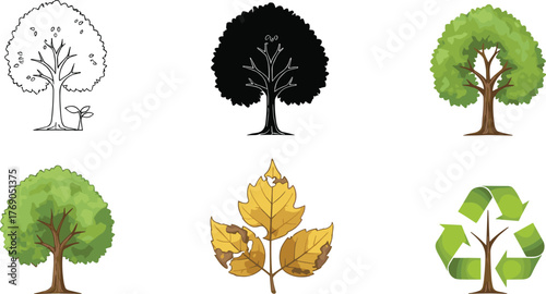 Eco friendly tree and leaf collection illustration symbolizing nature conservation, green energy, recycling, sustainability, and environmental protection design