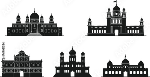 Historic architectural landmark silhouettes of ancient buildings, palaces, and monuments, vector illustration for travel, tourism, and heritage design