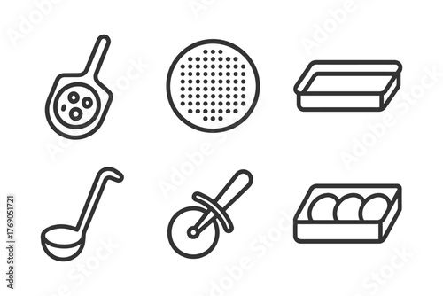 Kitchen utensils: skimmer, strainer, tray, ladle, pizza cutter, egg carton icons set.