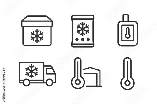 Cold storage icons: box, bag, thermometer, truck, warehouse, thermometer symbol.