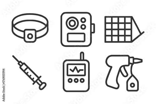 Set of veterinary and farming tools icons: collar, syringe, monitor.