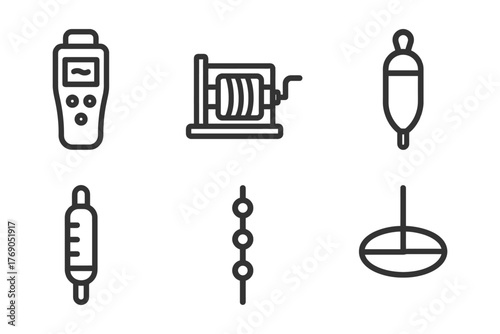 Collection of fishing and measuring equipment line icons.