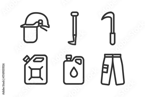 Minimalist line icons of firefighter equipment including helmet and tools.
