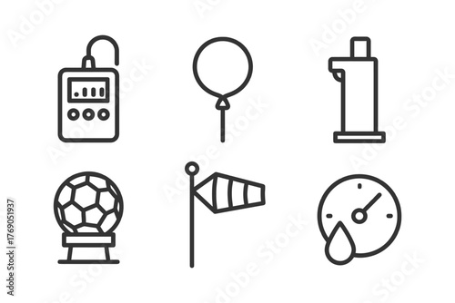 Weather instruments and symbols: barometer balloon anemometer windsock hygrometer.