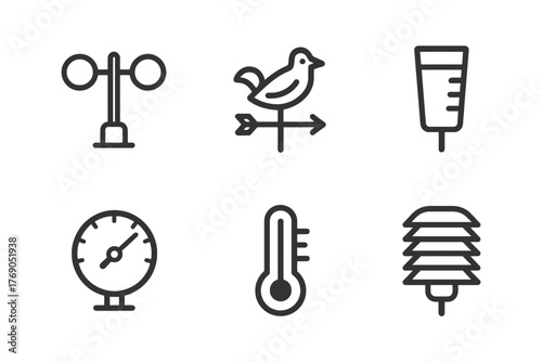 Weather instrument icons featuring anemometer, weather vane, rain gauge, barometer, thermometer, and stevenson screen.