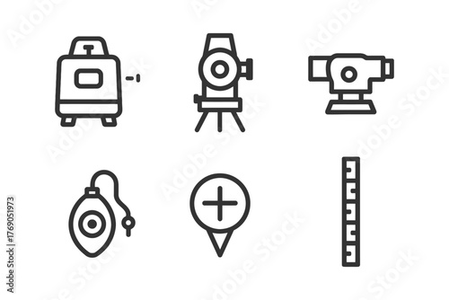 Surveying equipment icons: laser level, theodolite, measuring tools in line art style.