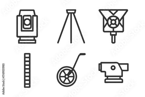 Surveying equipment icons set featuring theodolite tripod and measuring wheel.