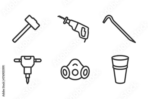 Outline icons of sledgehammer, drill, crowbar, jackhammer, respirator mask, and coffee cup.
