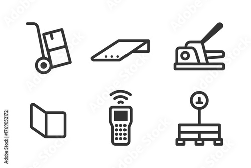 Logistics icon set: trolley, ramp, jack, map, scanner, pallet.