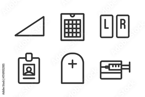 Minimalist icons: ramp, calendar, labels, id, gravestone, injection tools.