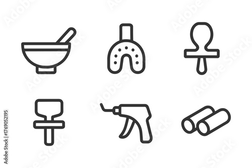 Dental tools icons set: bowl, spatula, mouthguard, pacifier, applicator, dental gun, rolls.