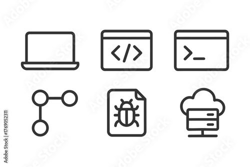 Technology icons: laptop, coding, terminal, network, bug, cloud server.