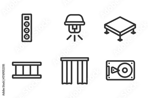 Home electronics and furniture icons set featuring speaker, lamp, table, fence, curtains, vinyl.