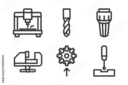 Set of cnc machine tools and accessories: drill, chuck, vise, milling cutter.