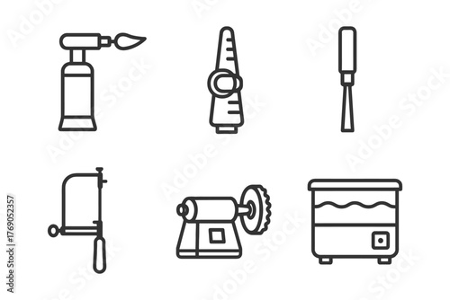 Set of six outline icons of jeweler tools: torch, ring sizer, chisel, saw, polishing machine, ultrasonic cleaner.