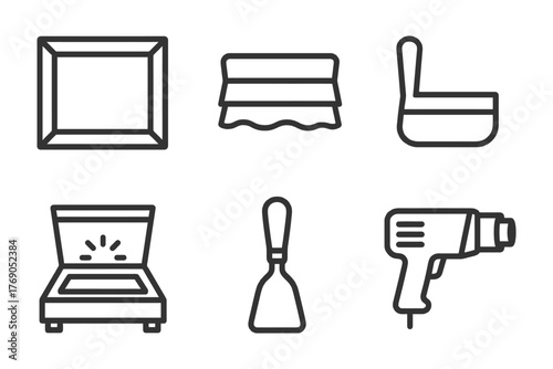 Home renovation tools: paintbrush, scraper, heat gun, sander, putty knife, toolbox icons.