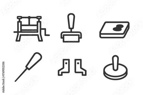 Set of six line art printing tools: press, roller, ink pad, awl, brackets, burnisher.