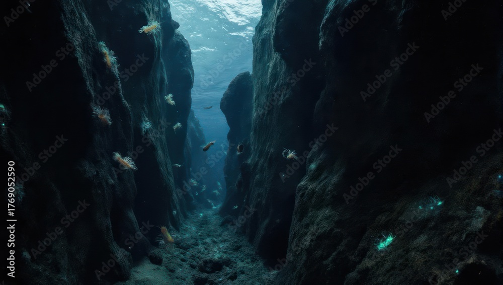 Obraz premium Dark underwater canyon, small fish