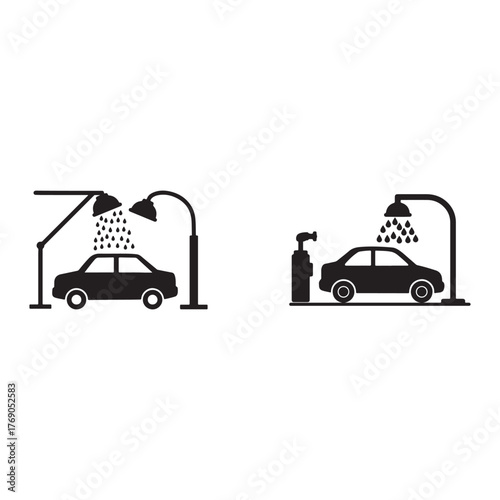 Car Wash Icons Depicting Automated and Manual Washing Processes with Vehicles Cleanliness and Maintenance Symbols